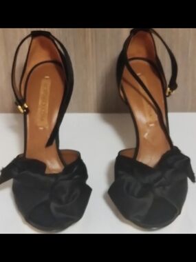 BCBGMaxAzria Women's 7B Black Satin Bow Peep Toe Stilettos...